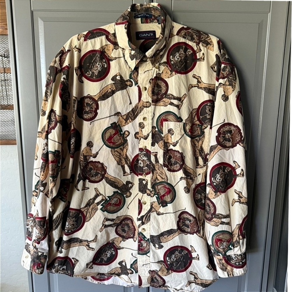 GANT Mens Vintage Novelty Golf Print Imperial Poplin Button LS Shirt, Cream, XL
